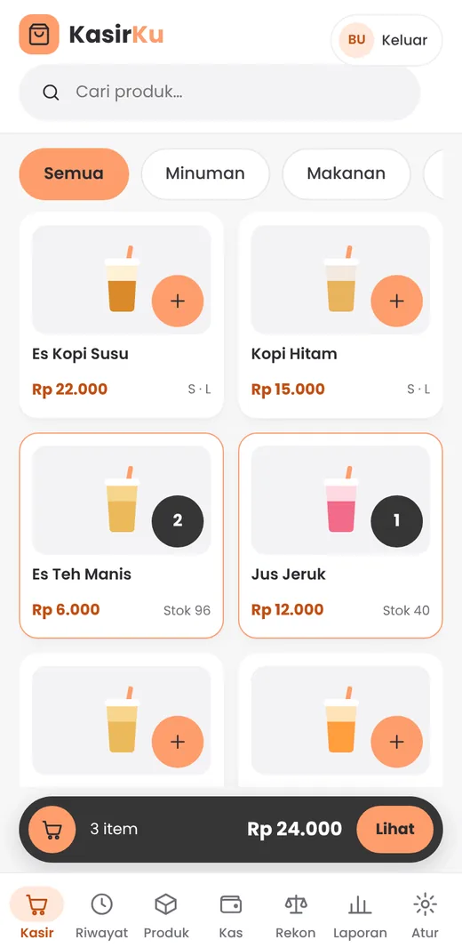 KasirKu di HP: daftar menu dan keranjang di bagian bawah.